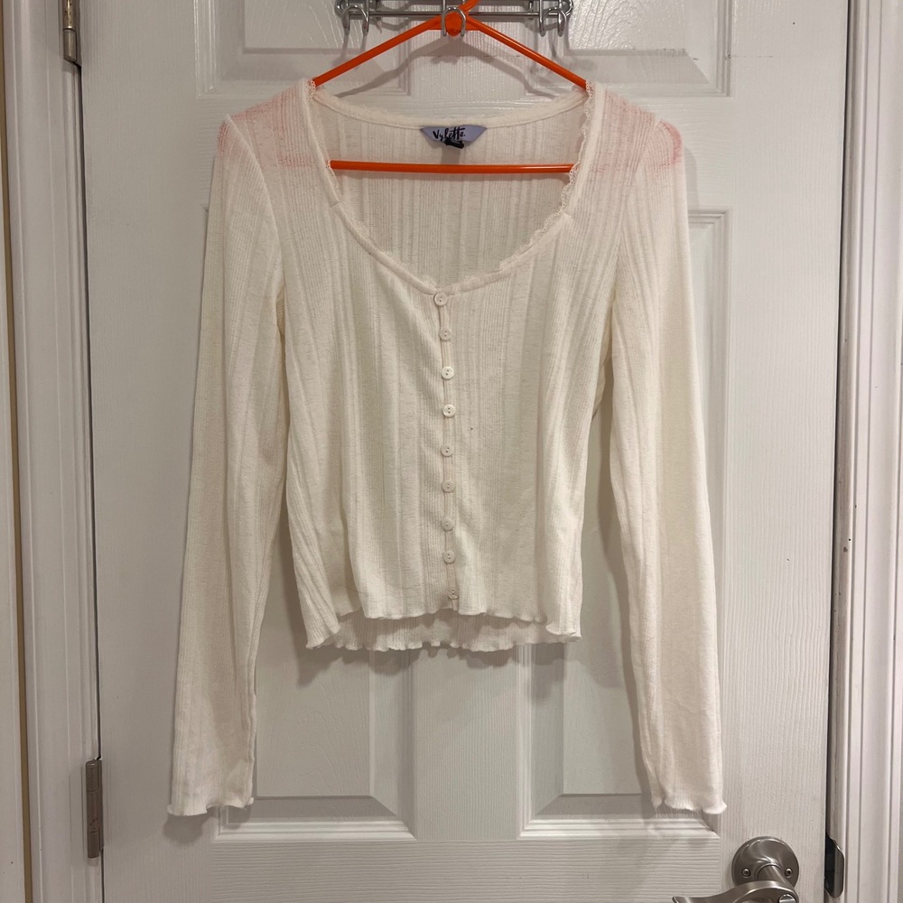 Vylette Cream Ribbed Knit Button‎ Front Cardigan Lace Trim Lettuce Edge Top Med
